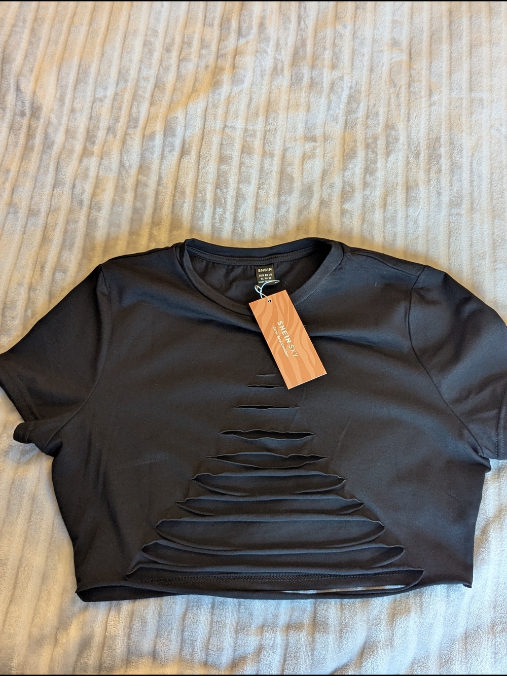 SHEIN Black Cropped Distressed Cutout Tee